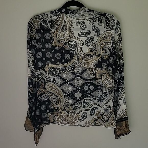 Halé Bob Lounge 100% Silk Sheer Paisley Print Blouse w/ Slit Bell Sleeve Size M - Picture 2 of 7